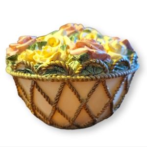 Vtg 1993 Rose Bouquet Covered Trinket Bowl Dish Resin Flowers Pink Yellow Leaves